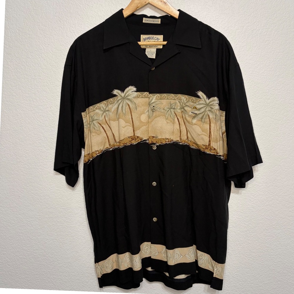 Bamboo Cay Mens Black Palm Tree Tropical Island Viscose Rayon Camp Shirt Large